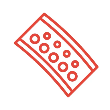 A red line art illustration of a curved wafer pattern.