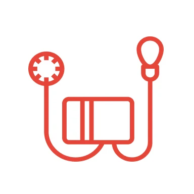 Icon of a red blood pressure monitor on a white background.
