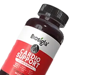 Black packaging of Biosigla Cardio Support with colorful geometric patterns.